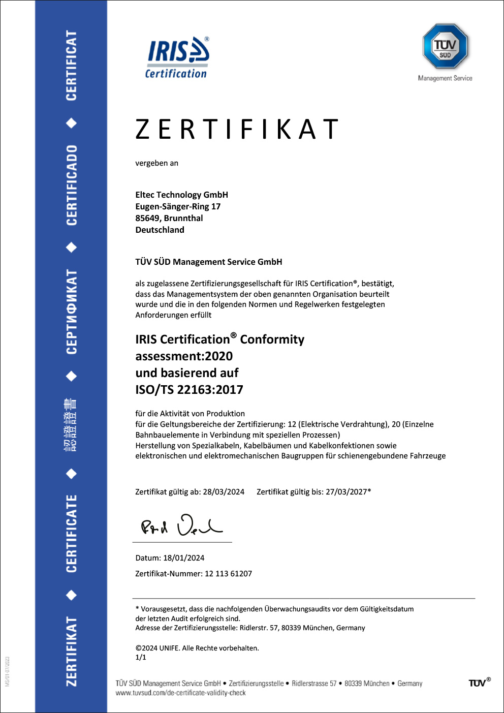 ISO TS 22163 Zertifikat